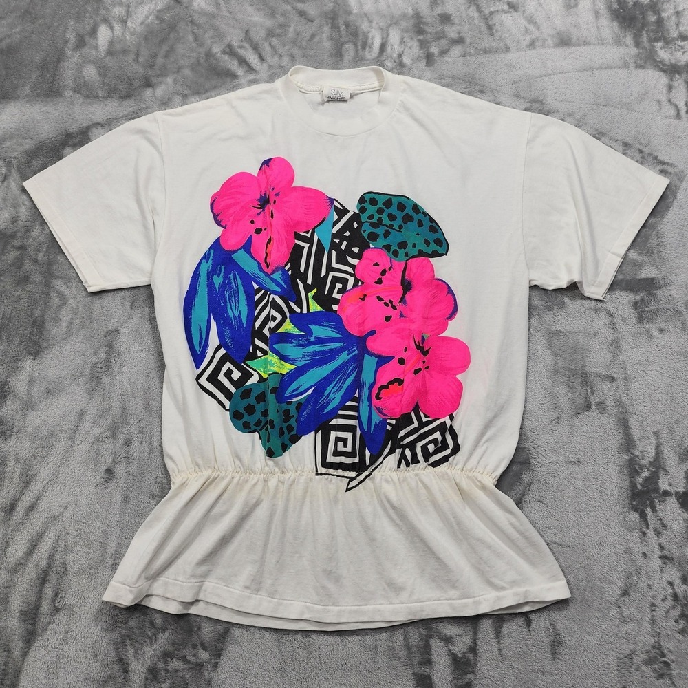 Vintage 80s Slim-Allure Shirt Womens One Size Hawaiian Floral Ruffle Beach Swim